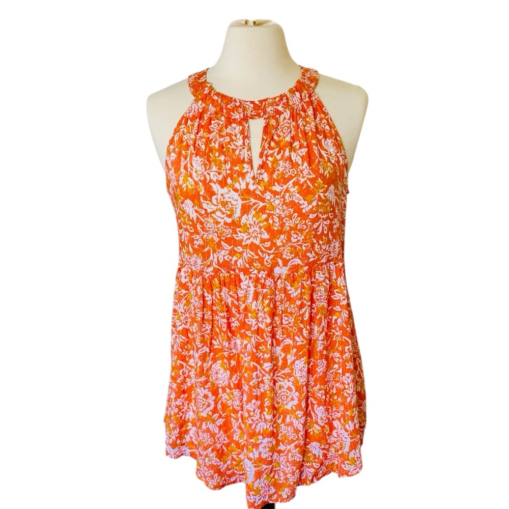 Jane & Delancey Orange Floral Shimmer Halter Top Keyhole Neck Women Small